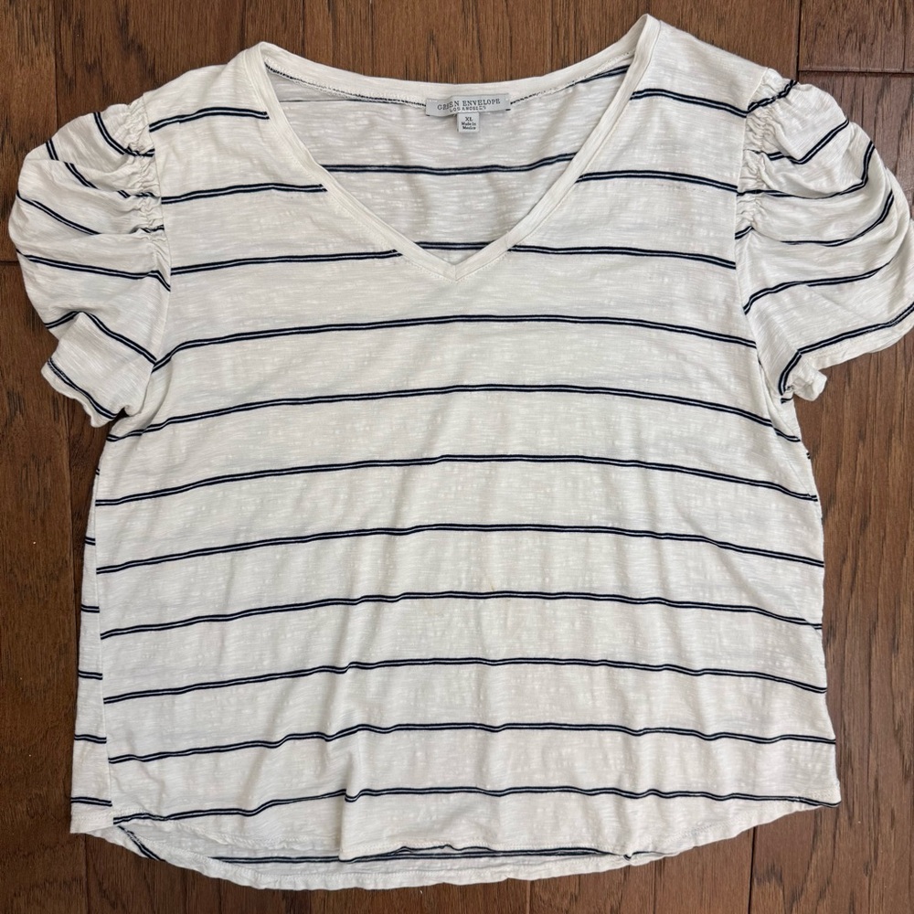 Green Envelope Black and White Striped Puff Sleeve Tee